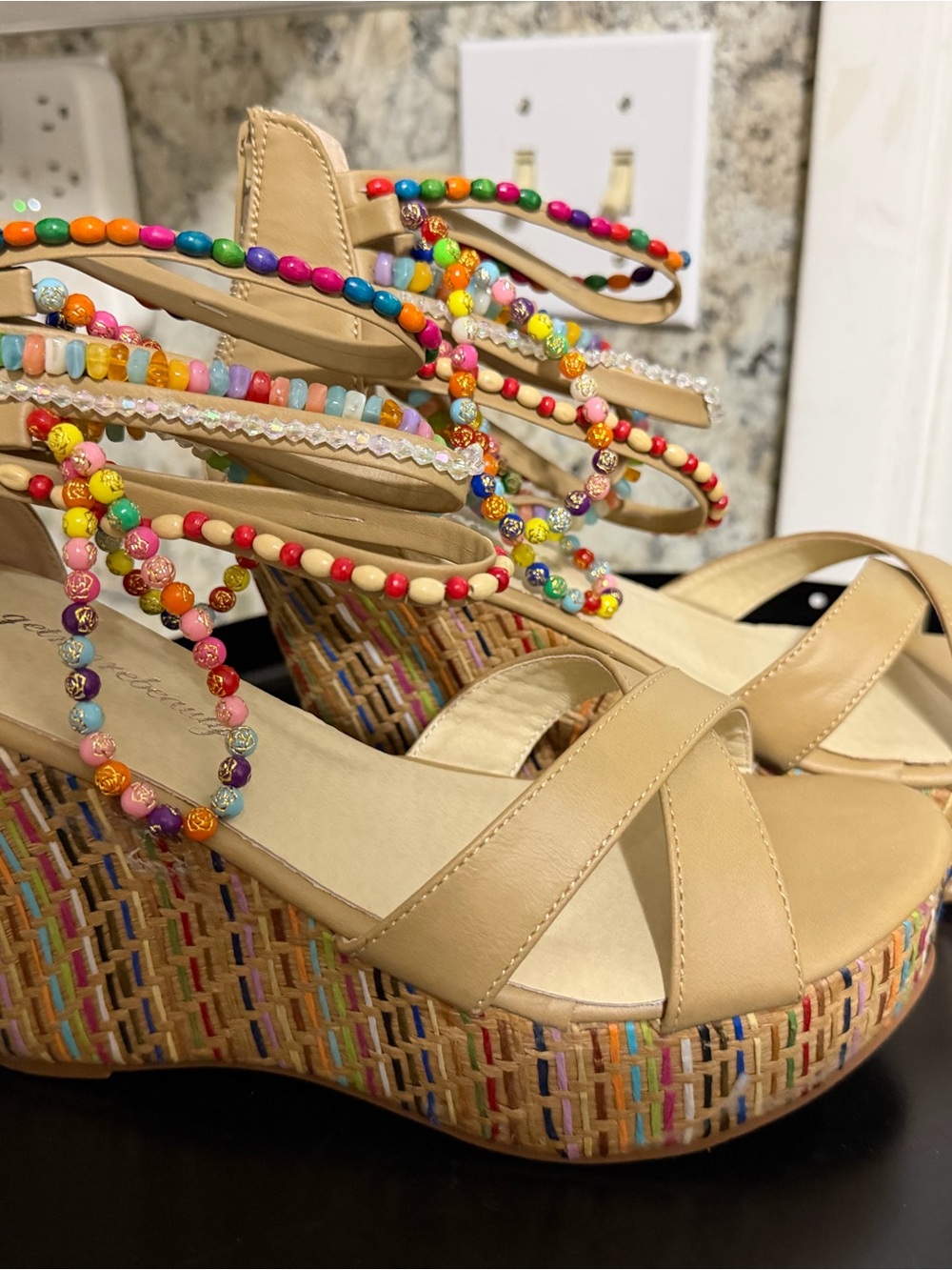 Source Unknown Tan Wedges with Colorful Beaded Straps